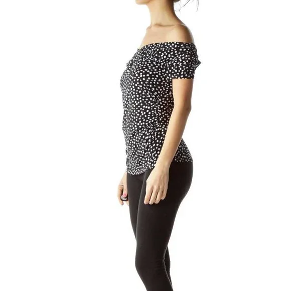 White House Black Market Black White Off-Shoulder Polka-Dot Blouse - Picture 3 of 3